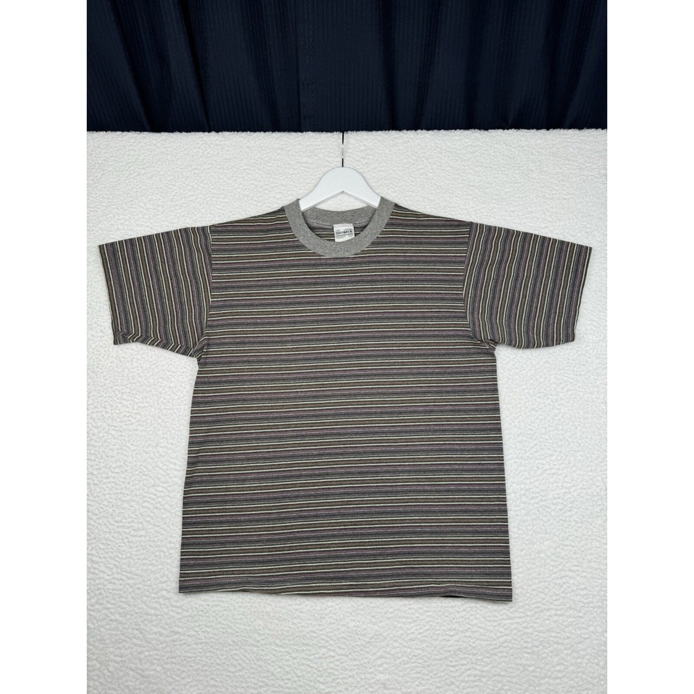 Vintage 90s Sostanza Striped Shirt - XL 14/16 Youth - Gray Brown Yellow - Picture 2 of 11